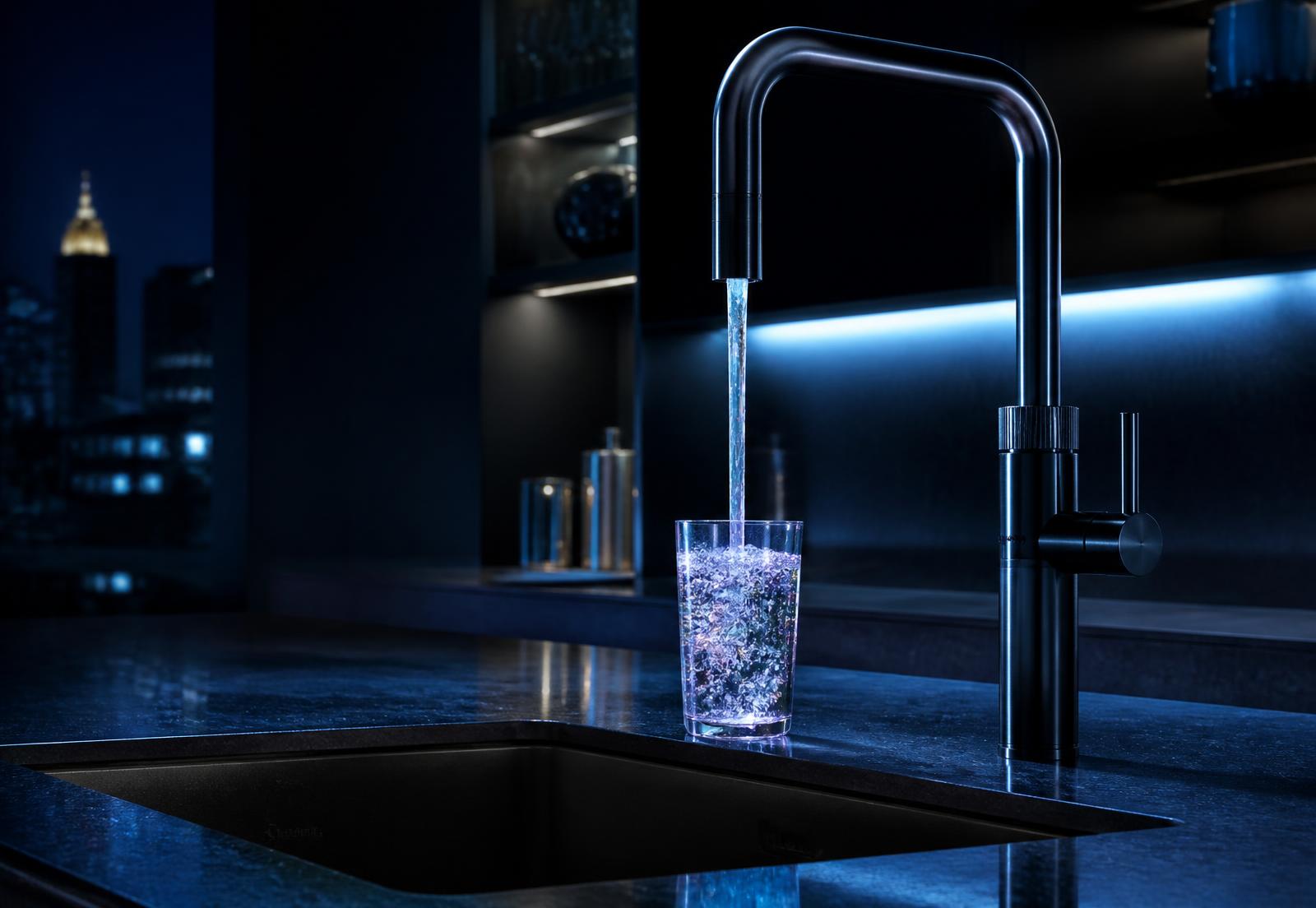 Crystal-clear filtered water pouring into a glass in a modern kitchen
